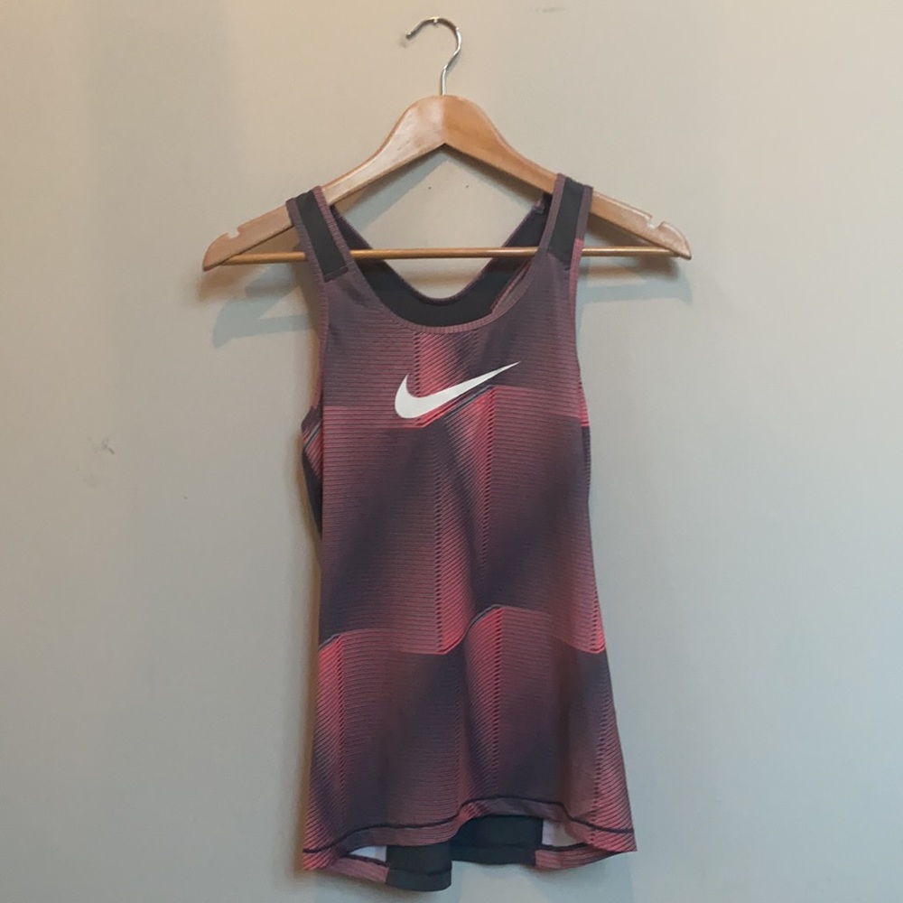 Nike Dri Fit Workout Tank Pink Gray Stripe White Swoosh Size XS - Picture 1 of 4